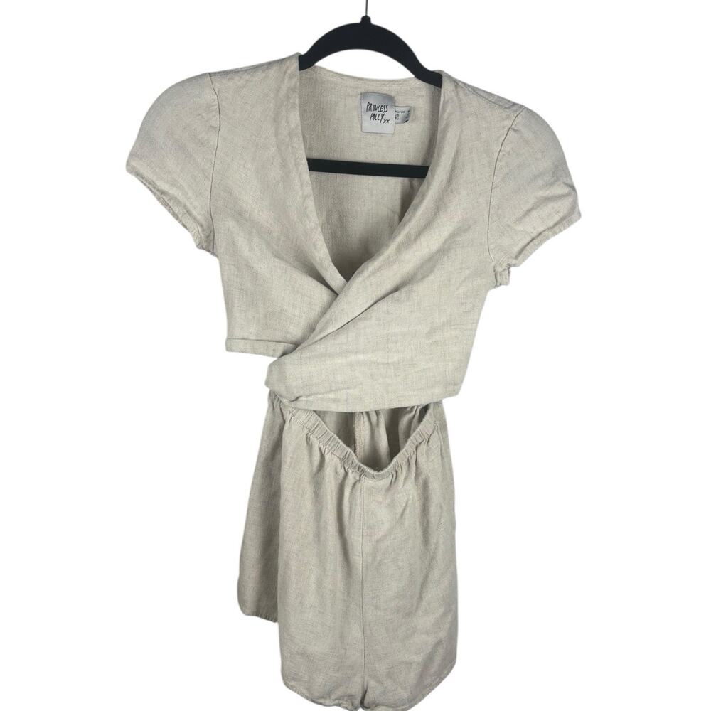 Princess Polly Linen Crop Romper Tan‎ Short Sleeve Pull On Boho US 2 - Picture 2 of 6